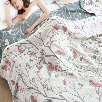 Hawthorn Tree Bird Quilt | 100% Organic Cotton | Reversible Design, Full/Queen Size