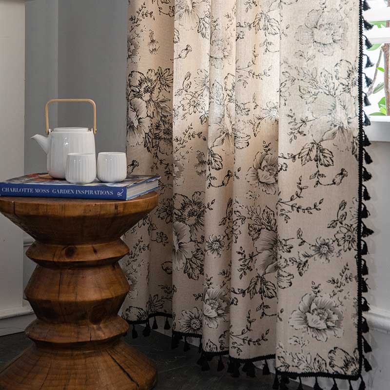 Black Flower Curtain | Cotton Blend | Semi-Blackout Design