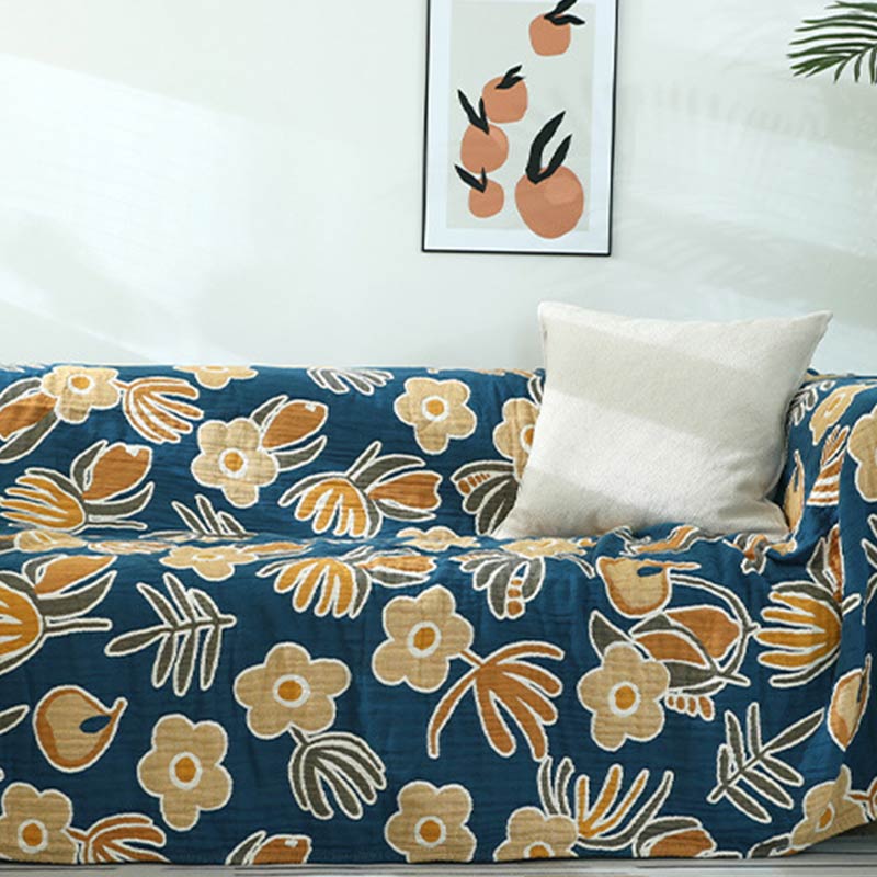 Yellow Flower Sofa Blanket | Soft Cotton Gauze | Reversible Design