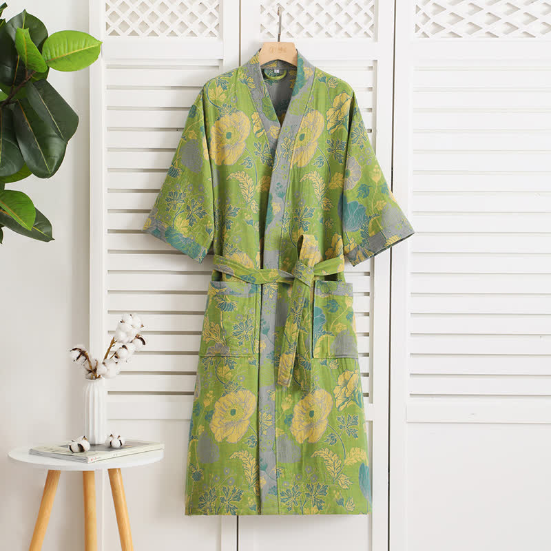 Rustic Floral V-neck Bathrobe | Soft Cotton Gauze | Lightweight Design