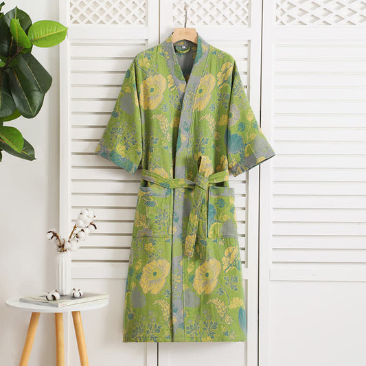 Rustic Floral V-neck Bathrobe | Soft Cotton Gauze | Lightweight Design