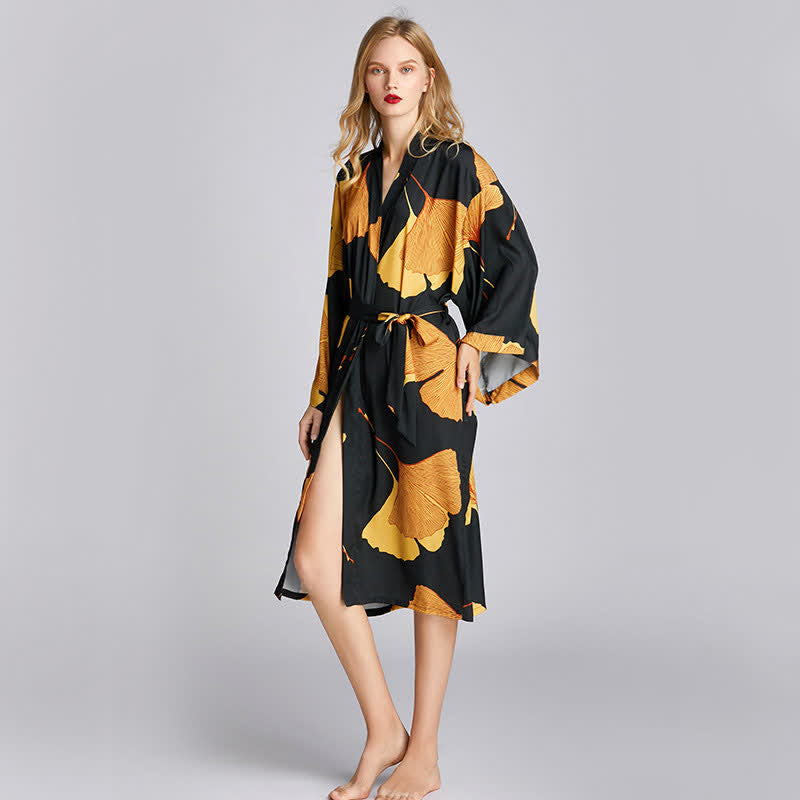 Ginkgo Leaf Bathrobe | Lightweight Polyester | Black and Gold