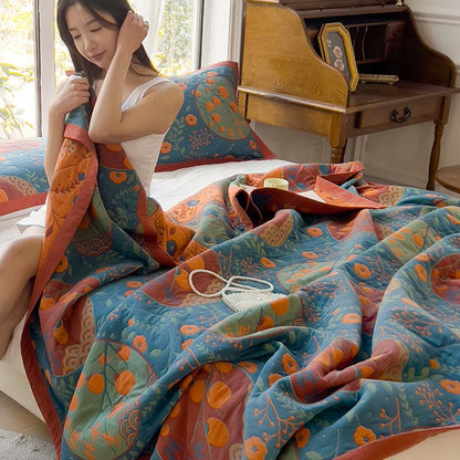 Persimmon Flower Cotton Quilt | Reversible Double-Sided | Full/Queen/King Sizes