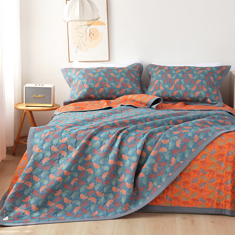Ginkgo Leaf Pattern Cotton Quilt | Reversible Design | Full/Queen/King Options