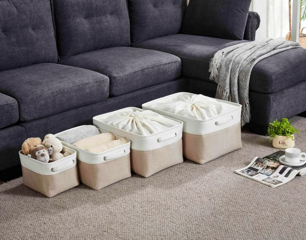 Canvas Storage Box Set | Linen & Cotton | Set of 3 | Grey White