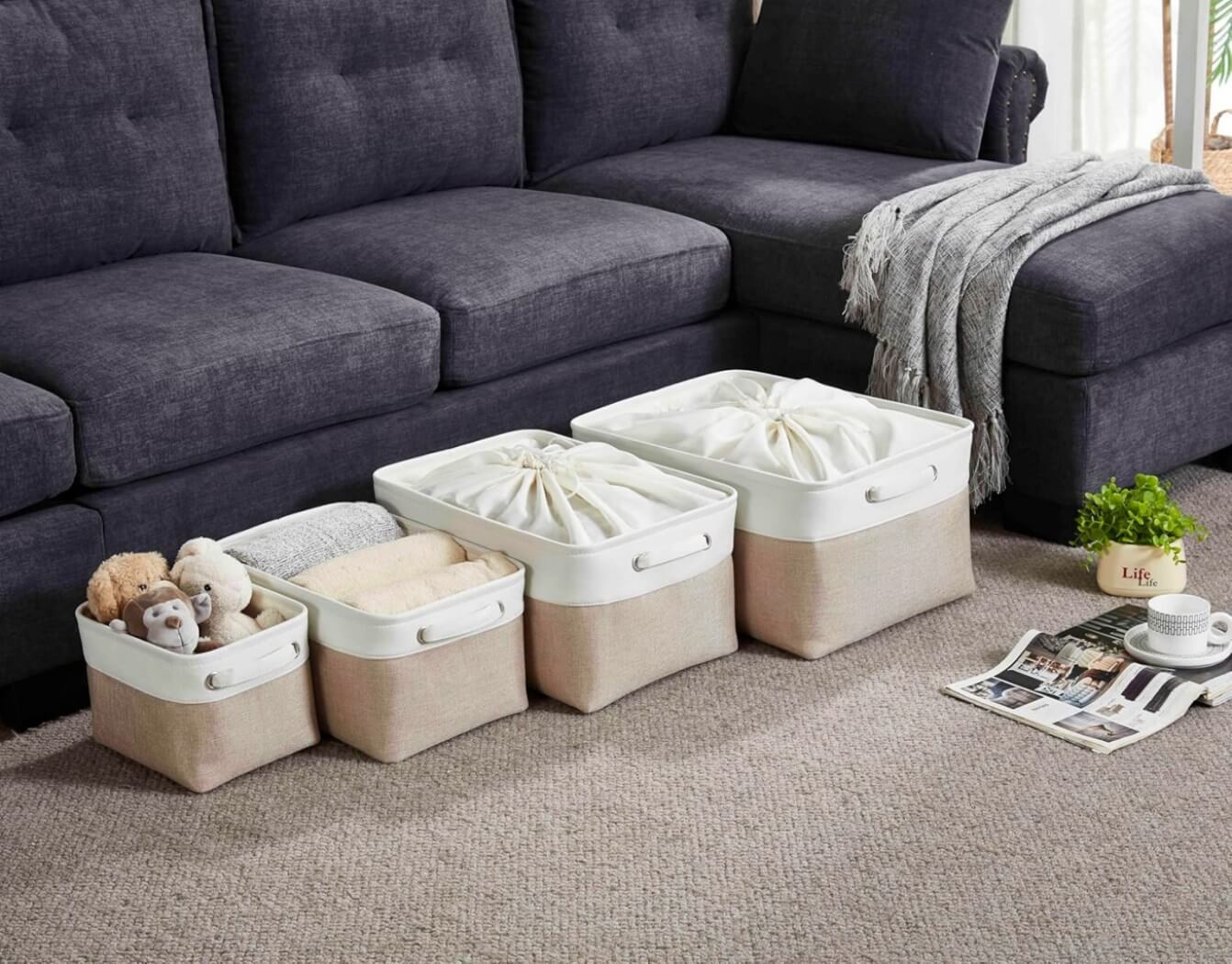 Canvas Storage Box Set | Linen & Cotton | Set of 3 | Grey White
