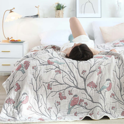 Hawthorn Tree Bird Quilt | 100% Organic Cotton | Reversible Design, Full/Queen Size