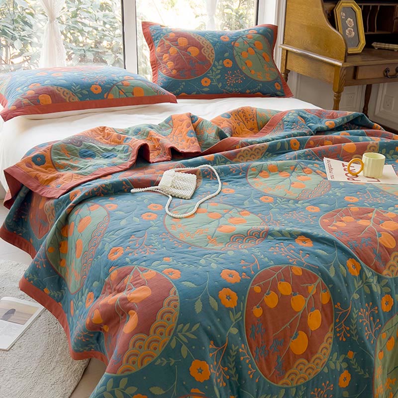 Persimmon Flower Cotton Quilt | Reversible Double-Sided | Full/Queen/King Sizes