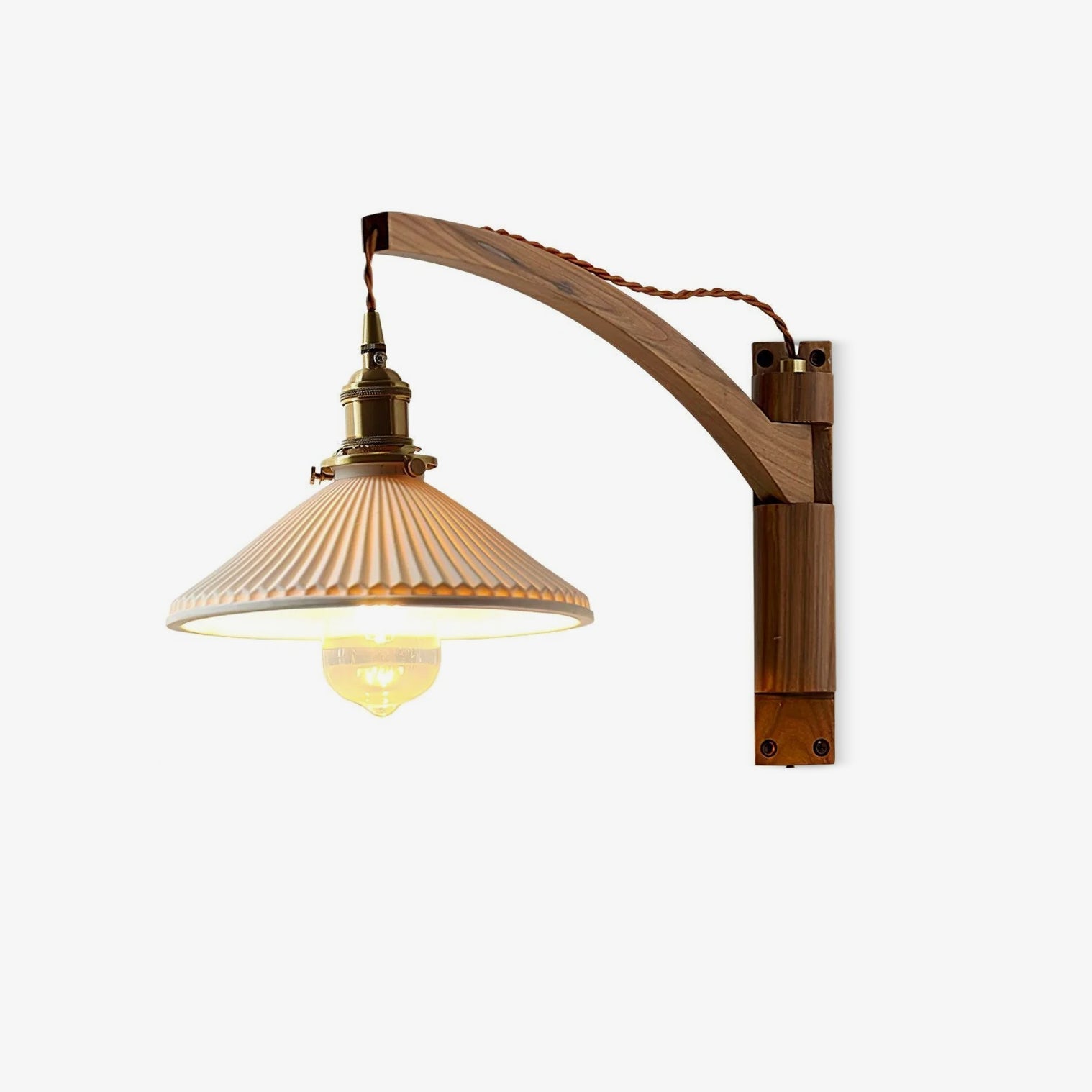 Walnut Swing Arm Wall Light | White Pleated Ceramic Shade | Adjustable Design