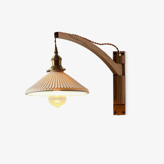 Walnut Swing Arm Wall Light | White Pleated Ceramic Shade | Adjustable Design
