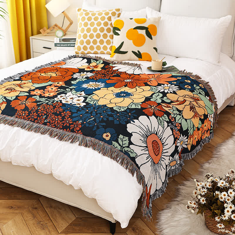 Bright Flower Tassel Blanket | Pure Cotton | Multiple Sizes Available