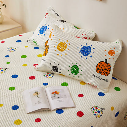 Quilted Cotton Bedding Set | Polka Dot & Pumpkin Design | Queen/King Size