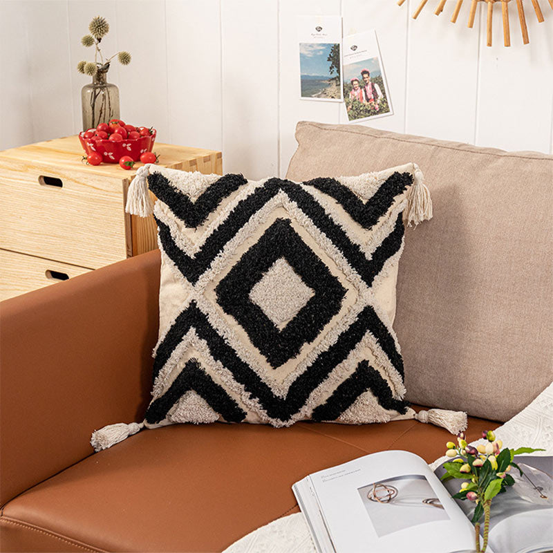 Morocco Jacquard Pillow Cover | Cotton with Tassels | Neutral Color