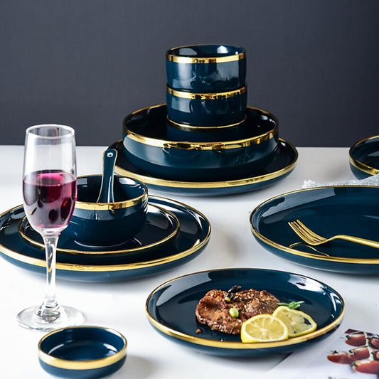 Oxford Blue Dinnerware Set | Fine Porcelain with Gold Rim | 4, 6, or 8 People