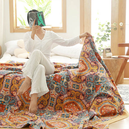 Reversible Cotton Quilt | Dark Orange Bohemian Design | Available in Full, Queen, King Sizes