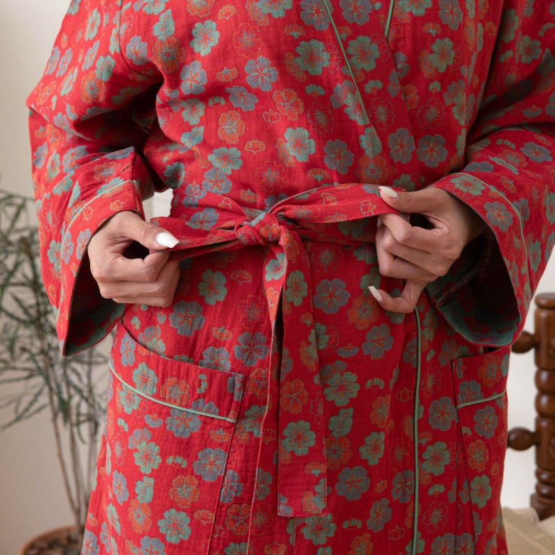 Cotton Bathrobe | Double-Layer Soft Fabric | Plum Blossom Pattern