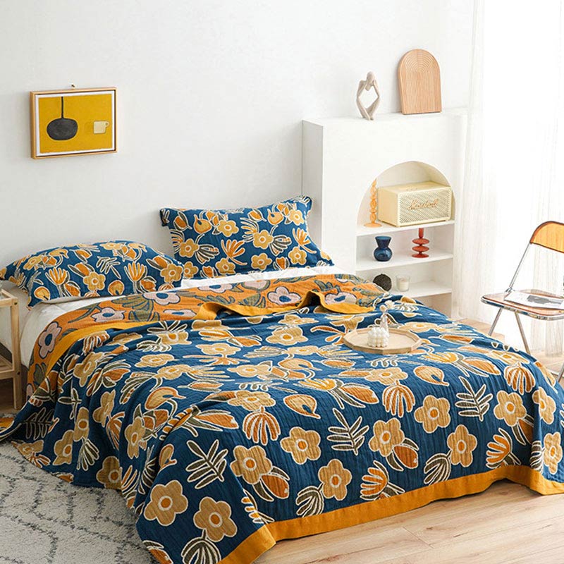 Yellow Flower Sofa Blanket | Soft Cotton Gauze | Reversible Design