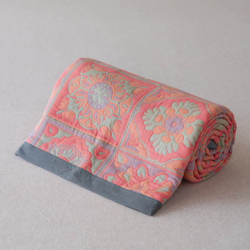 Jacquard Floral Cotton Quilt | 100% Organic Cotton | Reversible Design with Pillow Towels
