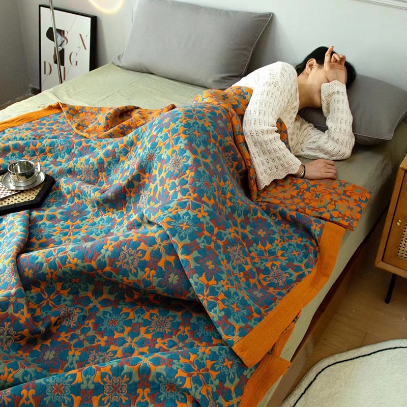Cotton Quilt Set | Reversible Orange & Blue | 1 Quilt & 2 Pillowcases