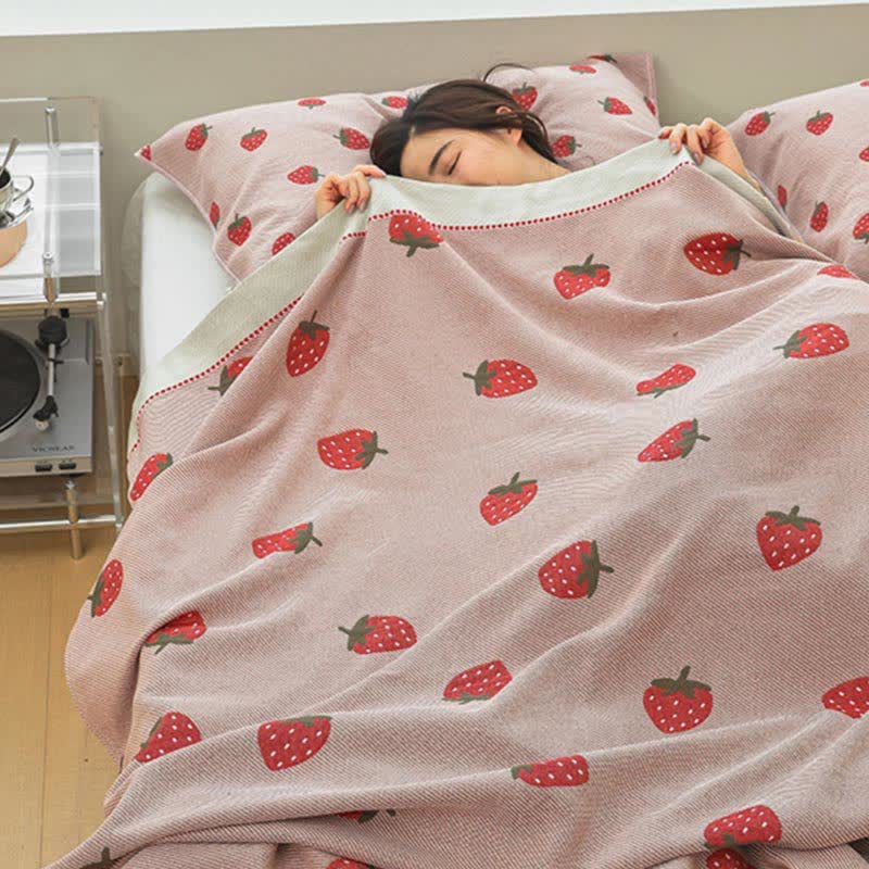 Pink Strawberry Cotton Gauze Quilt | Reversible Design | Full/Queen/King Options