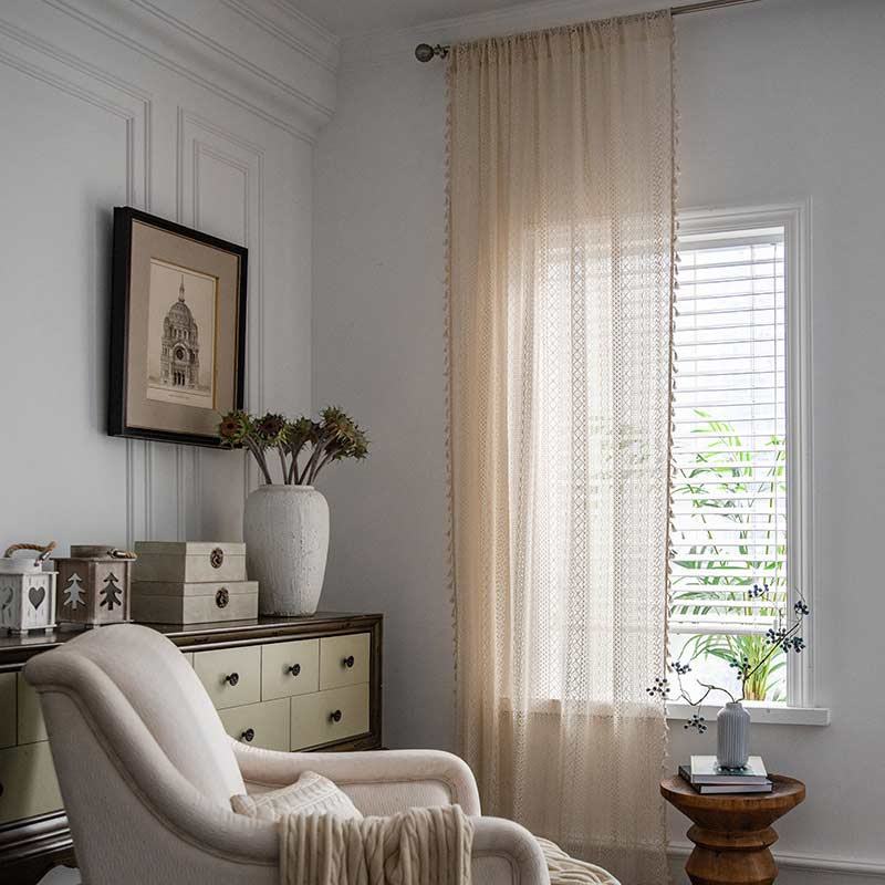 Cotton Beige Bohemian Curtain | Hollow-Out Tassel Design | 1 Piece