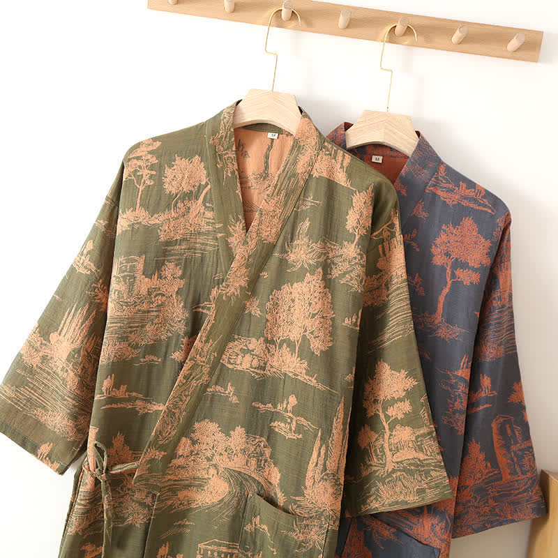 Natural Tree Print Bathrobe | Lightweight Pure Cotton | Unisex Design