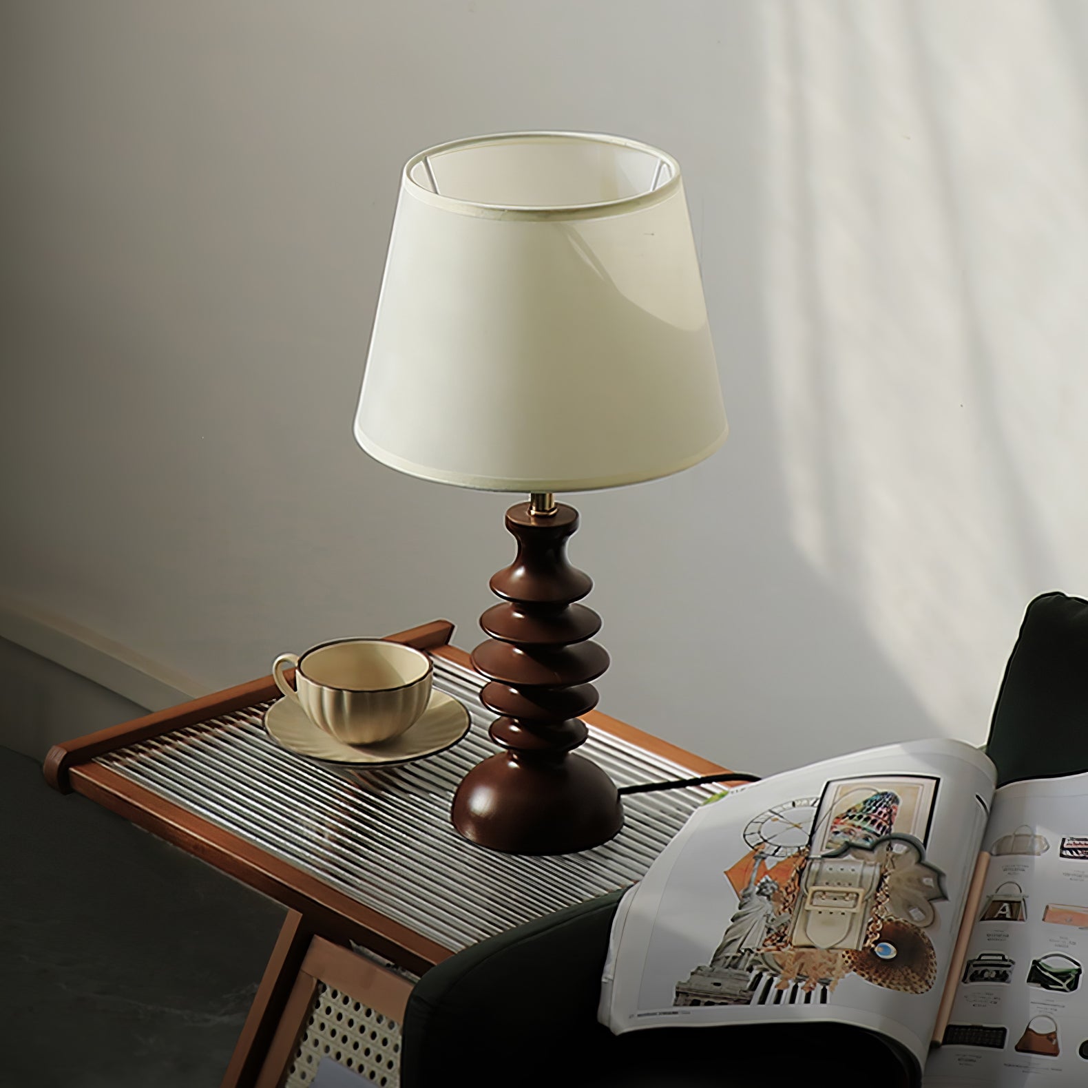 Adesso Beatrice Table Lamp | Fabric Linen & Black Walnut | White Shade