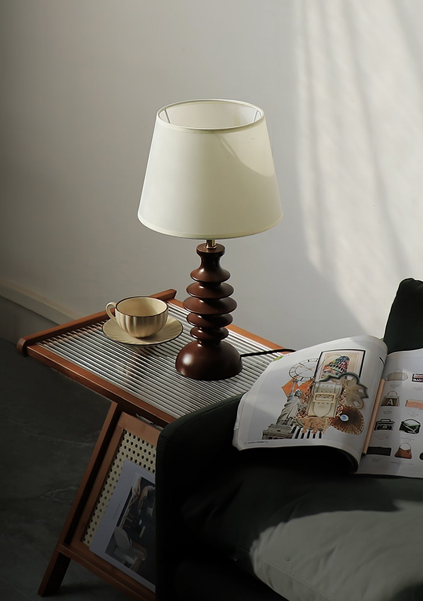 Adesso Beatrice Table Lamp | Fabric Linen & Black Walnut | White Shade