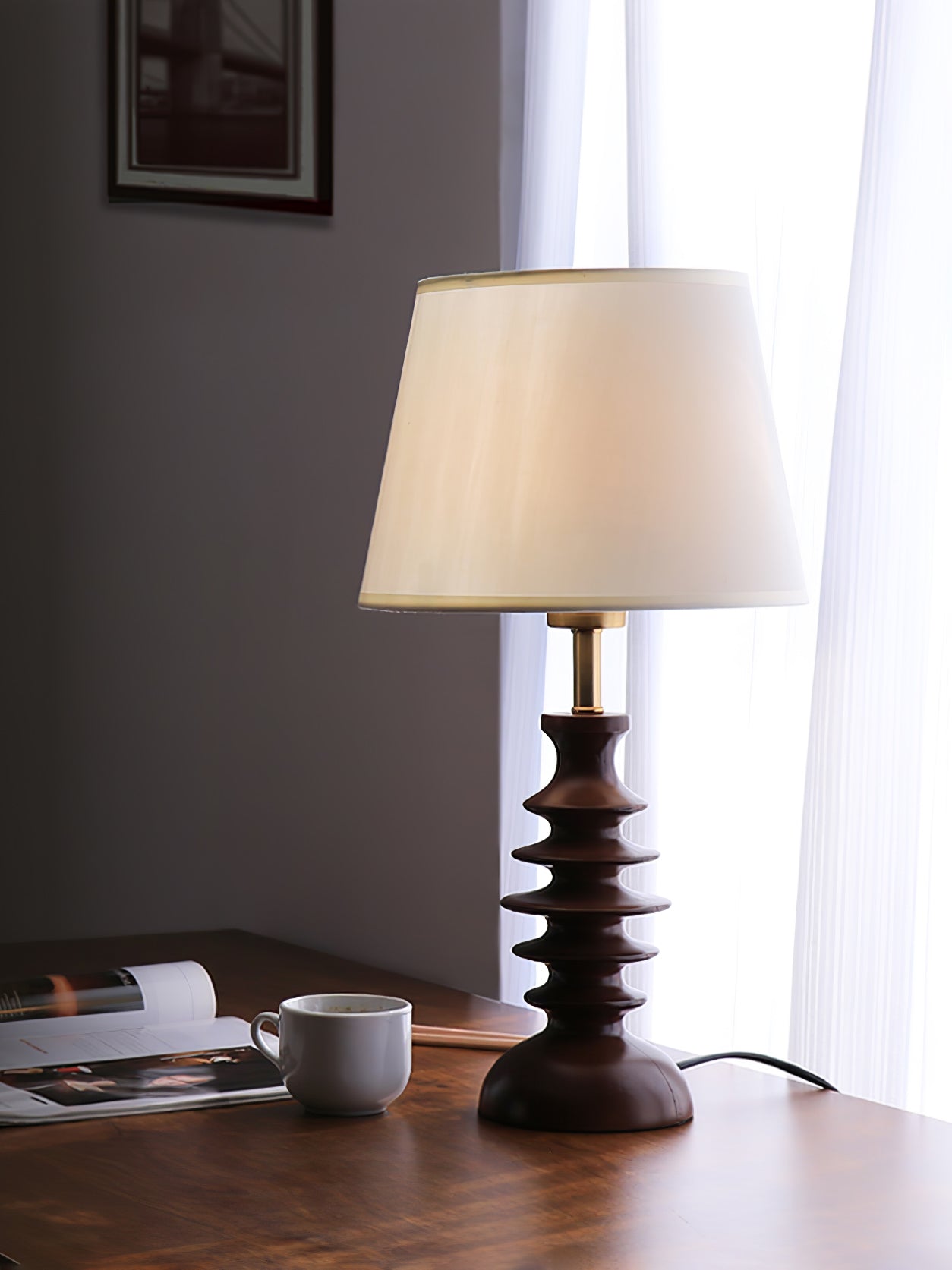 Adesso Beatrice Table Lamp | Fabric Linen & Black Walnut | White Shade