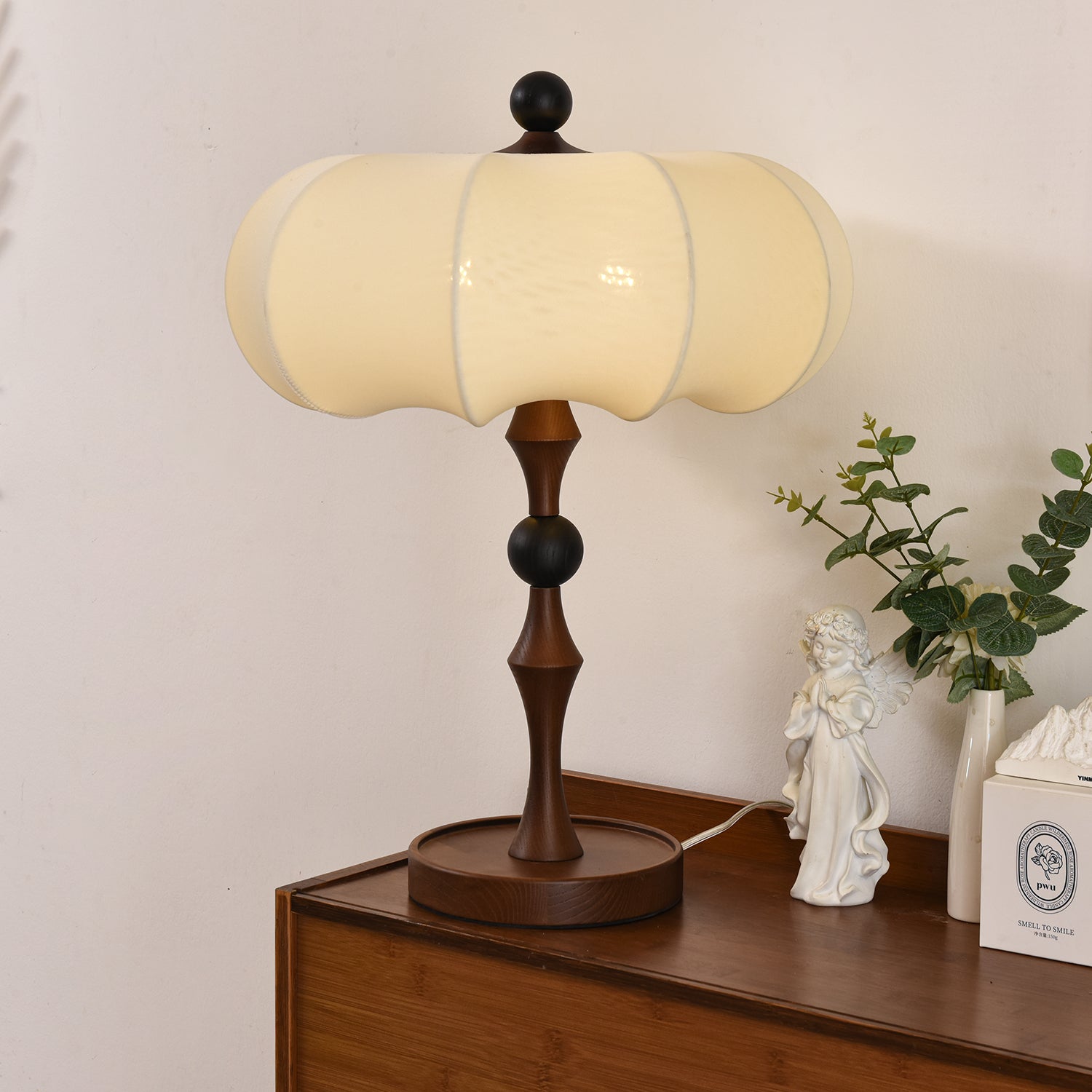 Adesso Orchard Table Lamp | Wood, Fabric, Metal | Black, Walnut Color, White