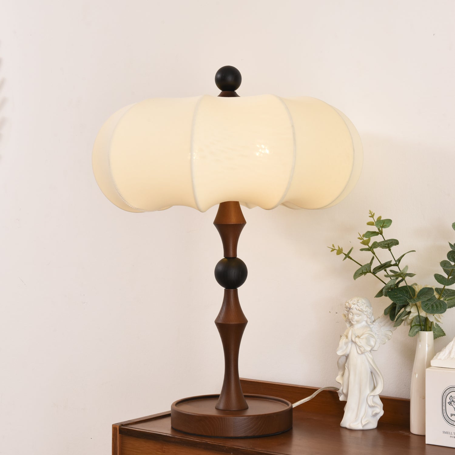 Adesso Orchard Table Lamp | Wood, Fabric, Metal | Black, Walnut Color, White