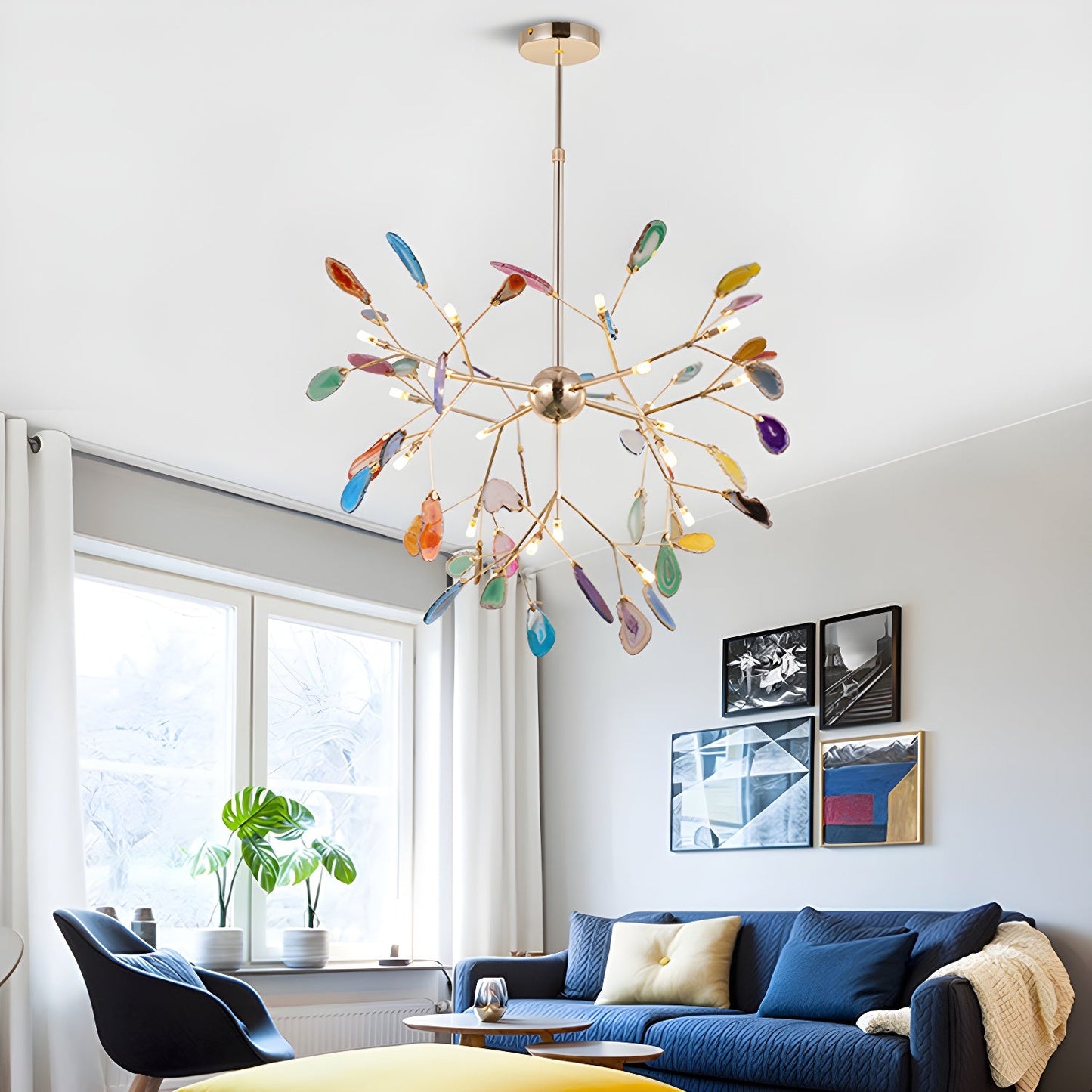 Agate Flake Chandelier | Natural Agate & Metal | Gold Finish
