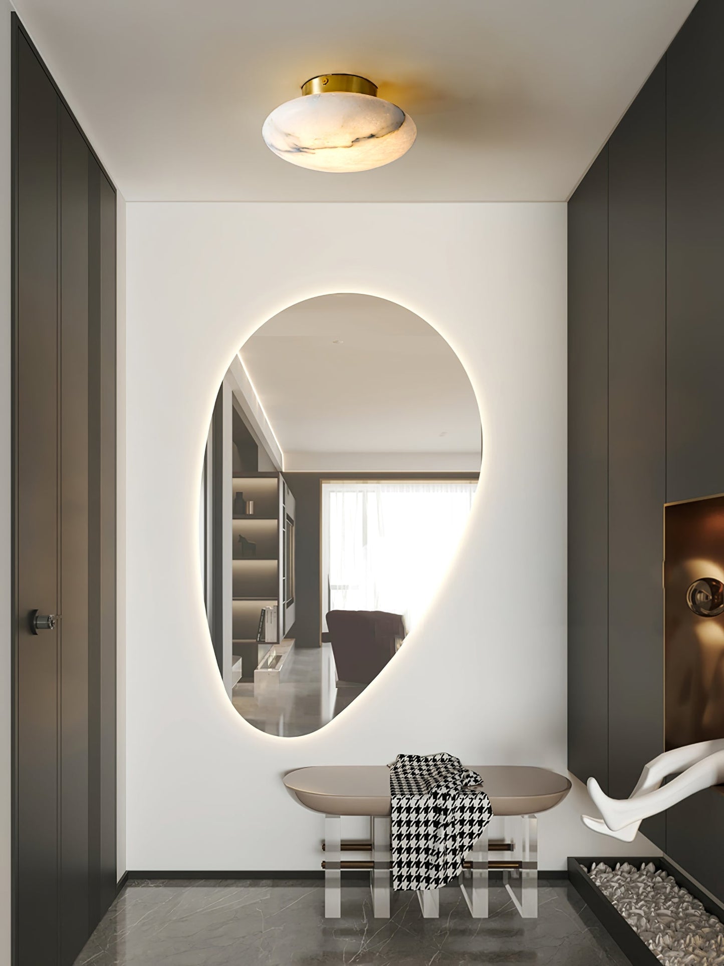 Alabaster Oval Ceiling Lamp | Brass/Metal | White Shade