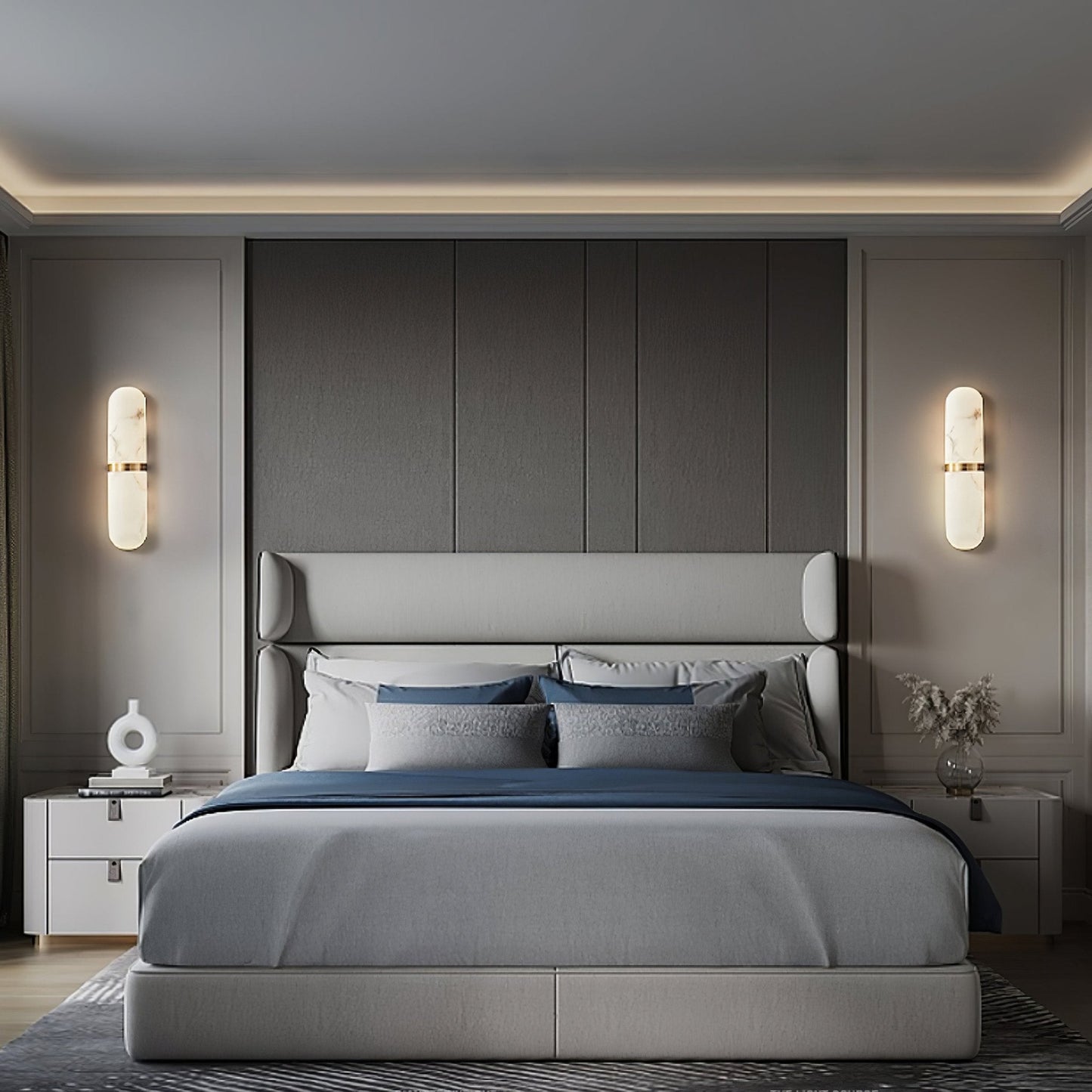 Alabaster Wall Light | Brass or Black Finish | White Shade