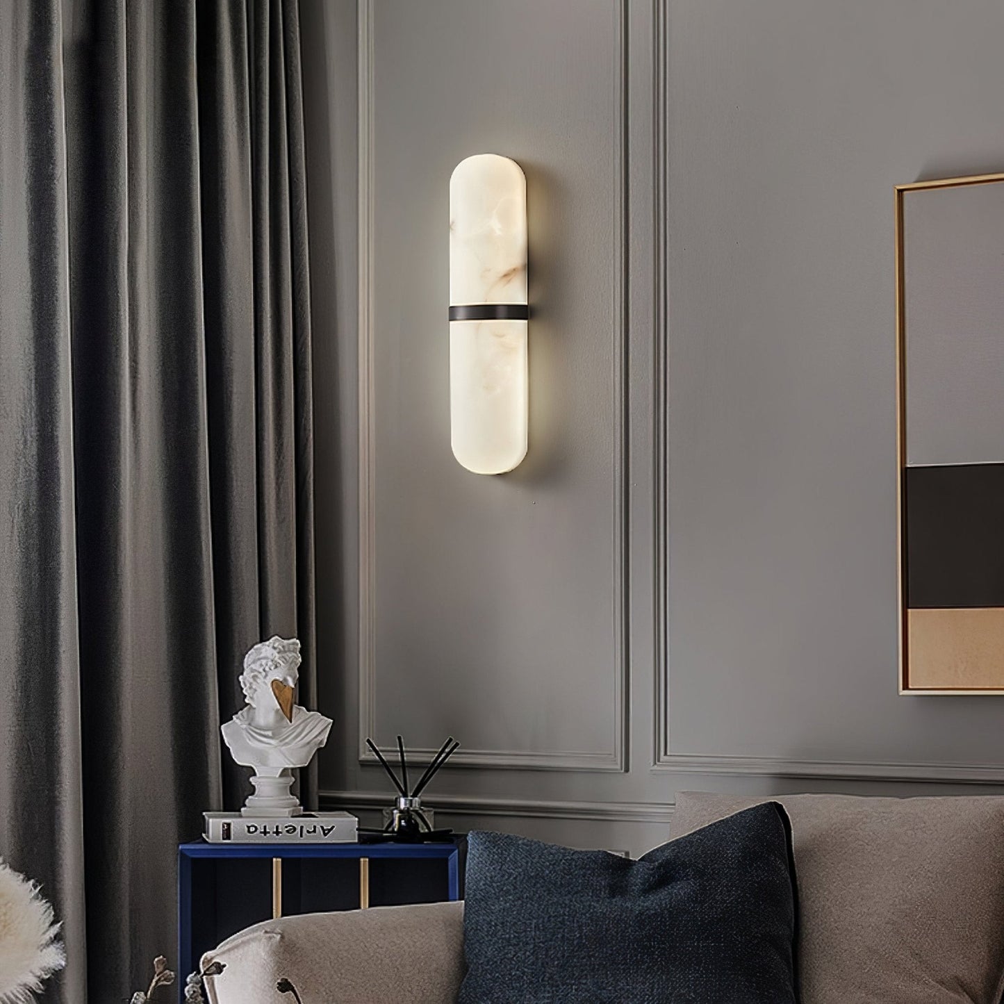 Alabaster Wall Light | Brass or Black Finish | White Shade