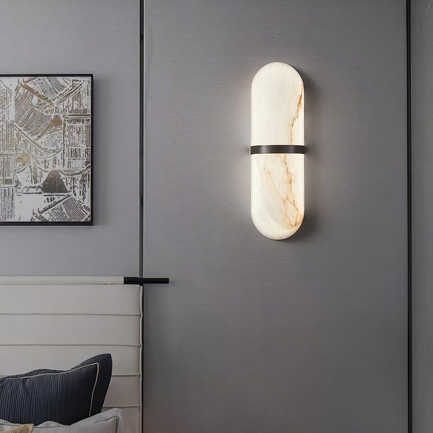 Alabaster Wall Light | Brass or Black Finish | White Shade