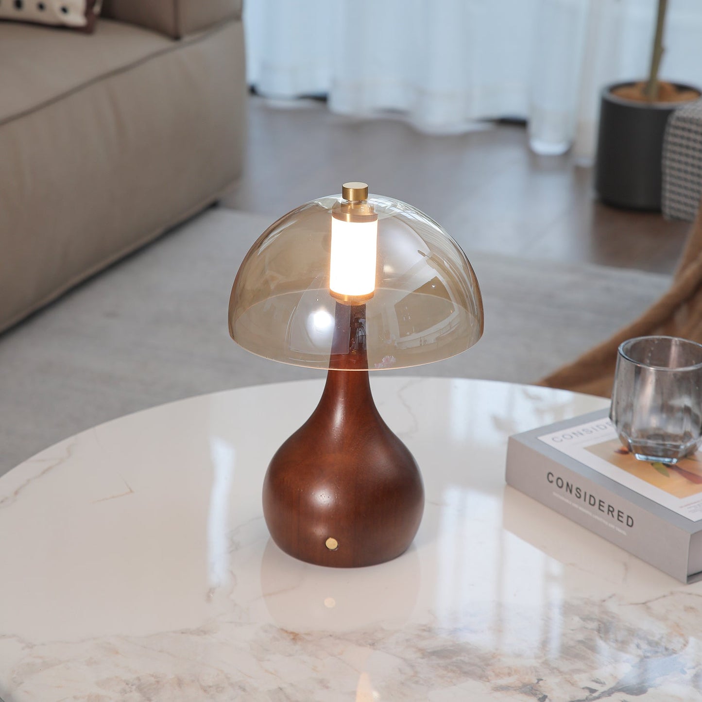 Alden Table Lamp | Smoky Amber Glass & Wood | Walnut Base