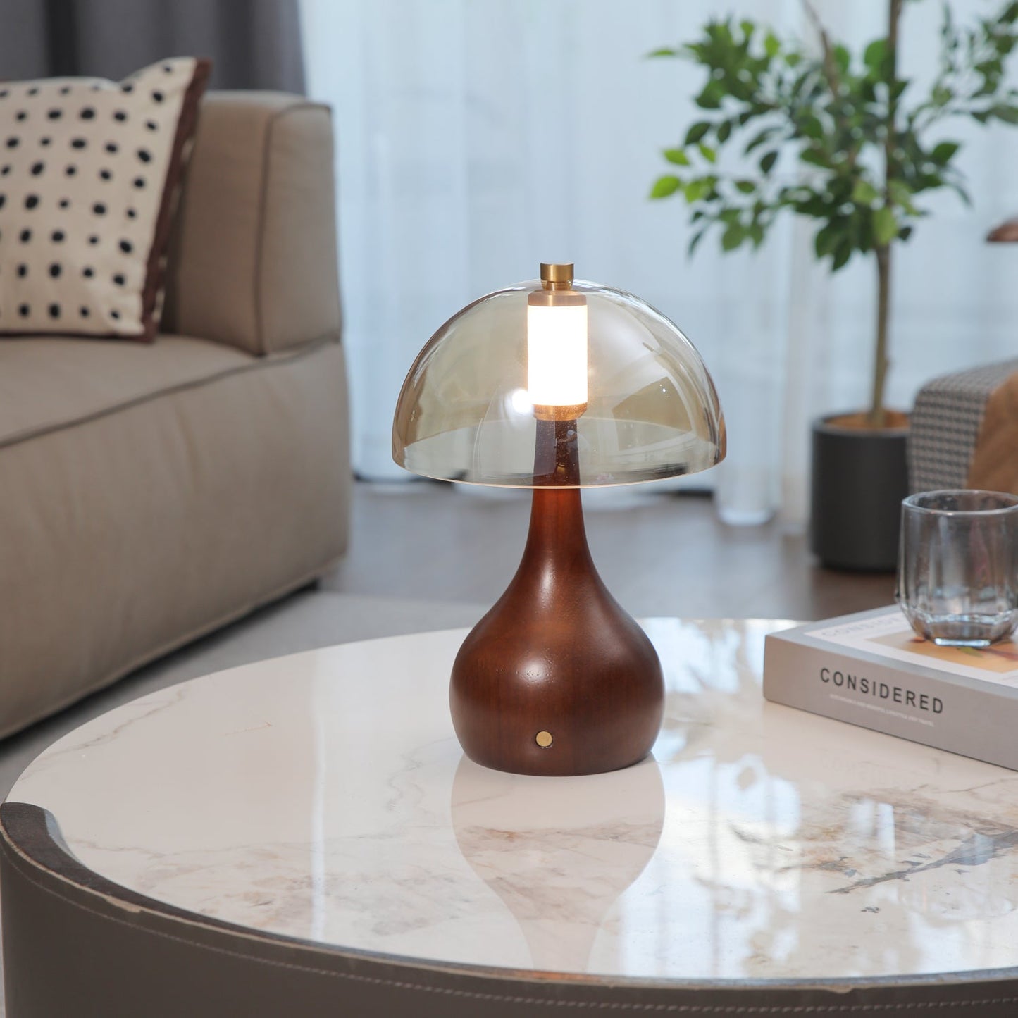 Alden Table Lamp | Smoky Amber Glass & Wood | Walnut Base