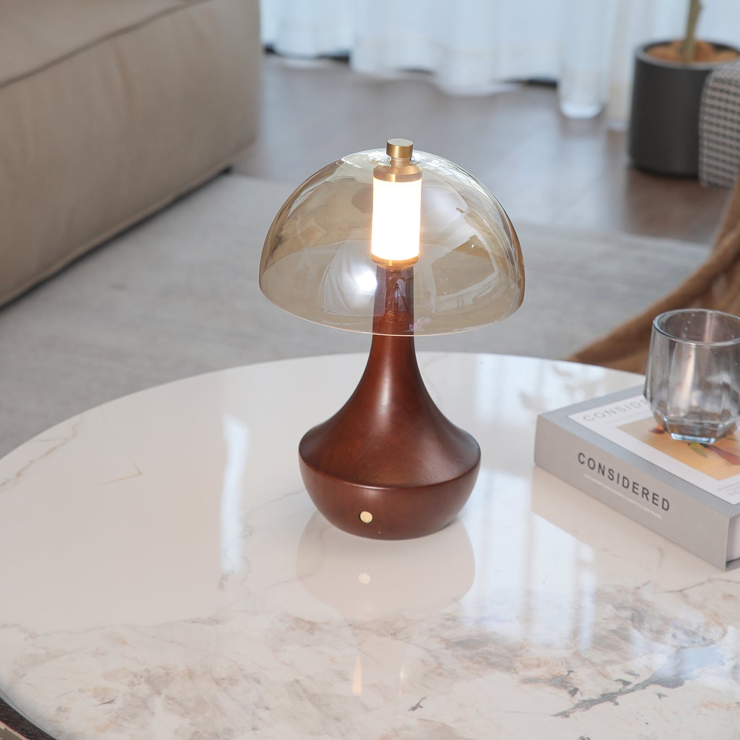 Alden Table Lamp | Smoky Amber Glass & Wood | Walnut Base
