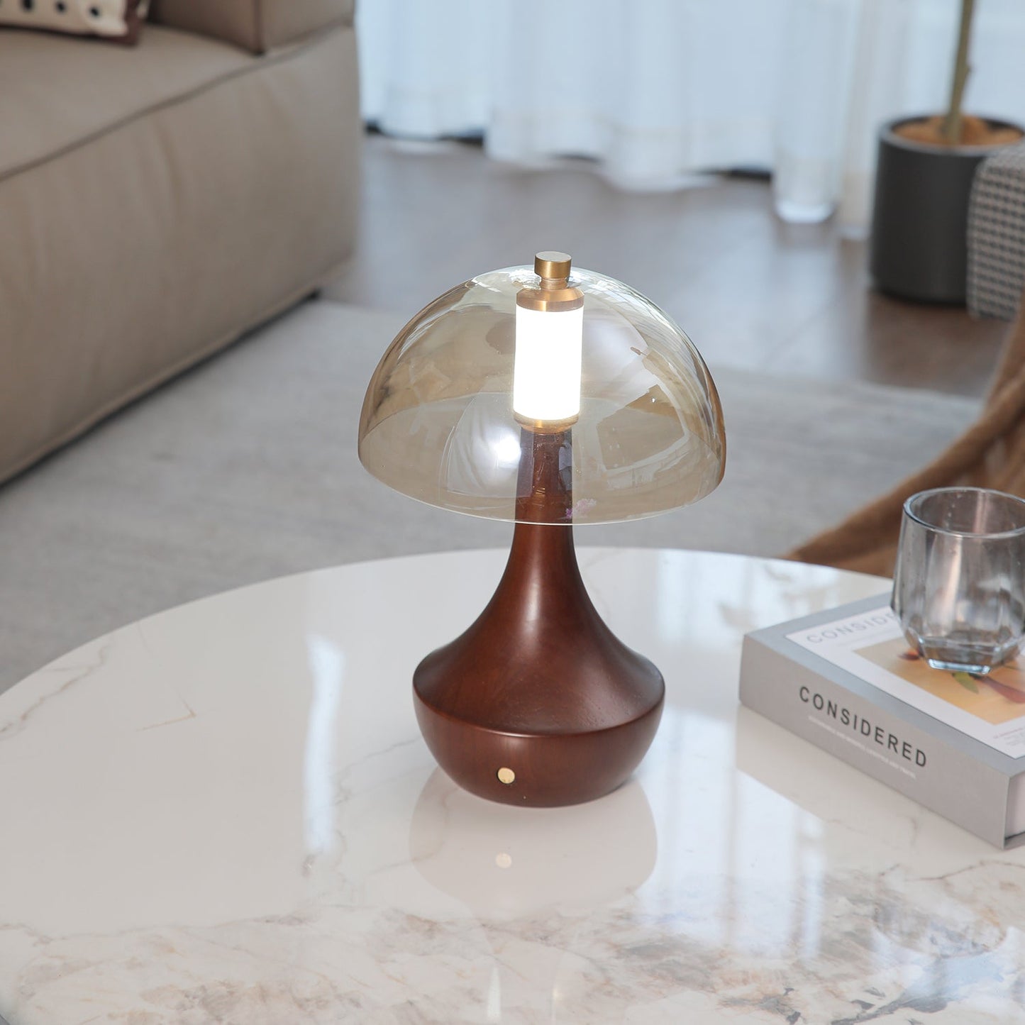 Alden Table Lamp | Smoky Amber Glass & Wood | Walnut Base