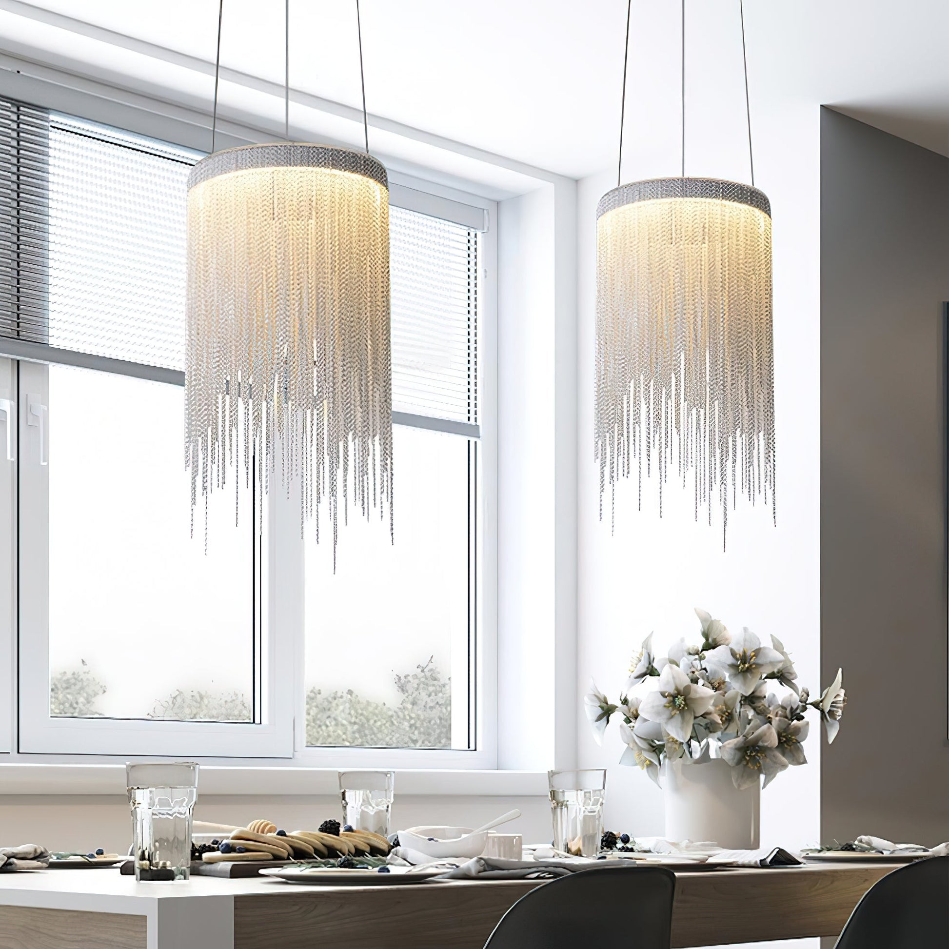 Pendant Light | Aluminum Chain | Modern Tassel Design, 20cm Diameter