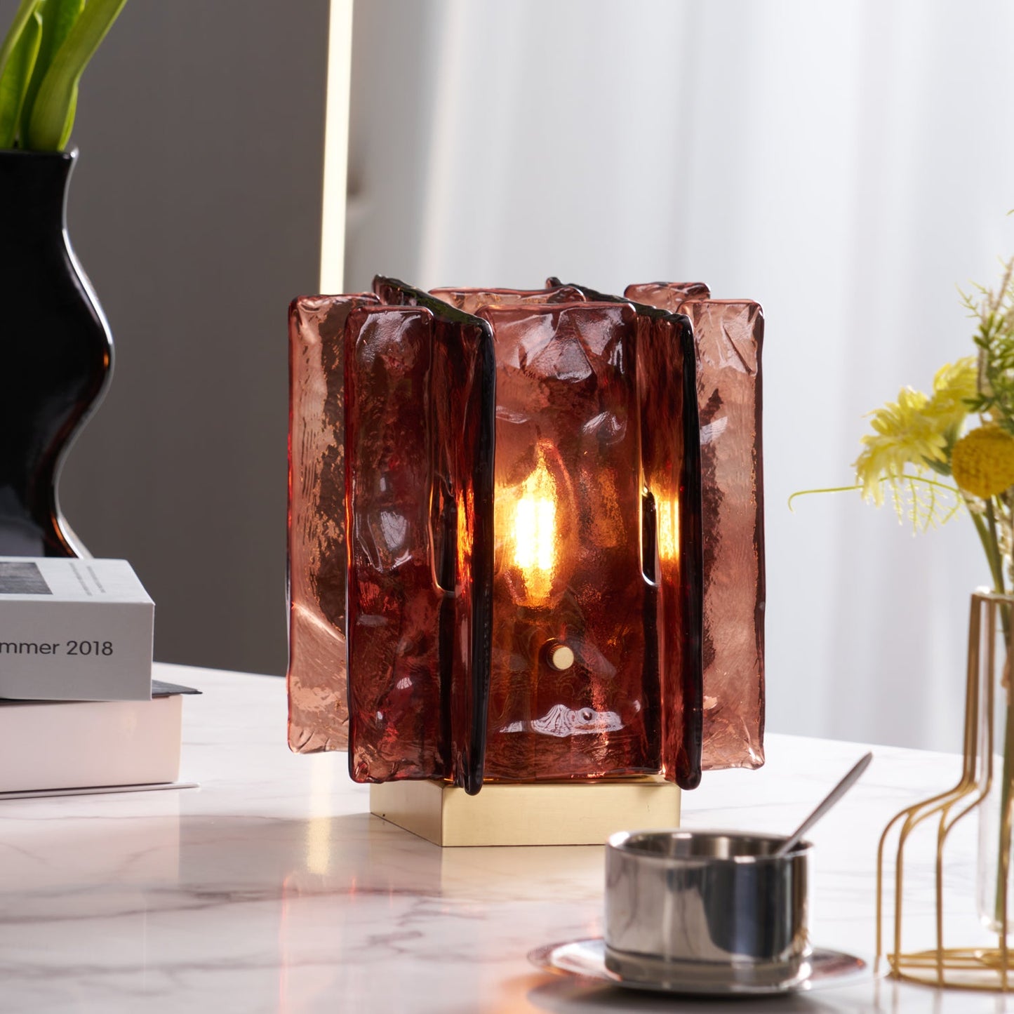 Amber Table Lamp | Brushed Brass & Amber Glass | Modern Design