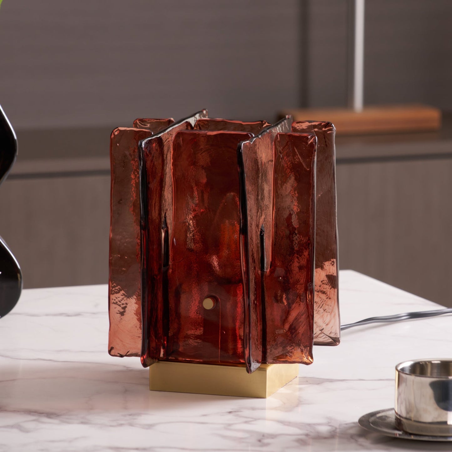 Amber Table Lamp | Brushed Brass & Amber Glass | Modern Design