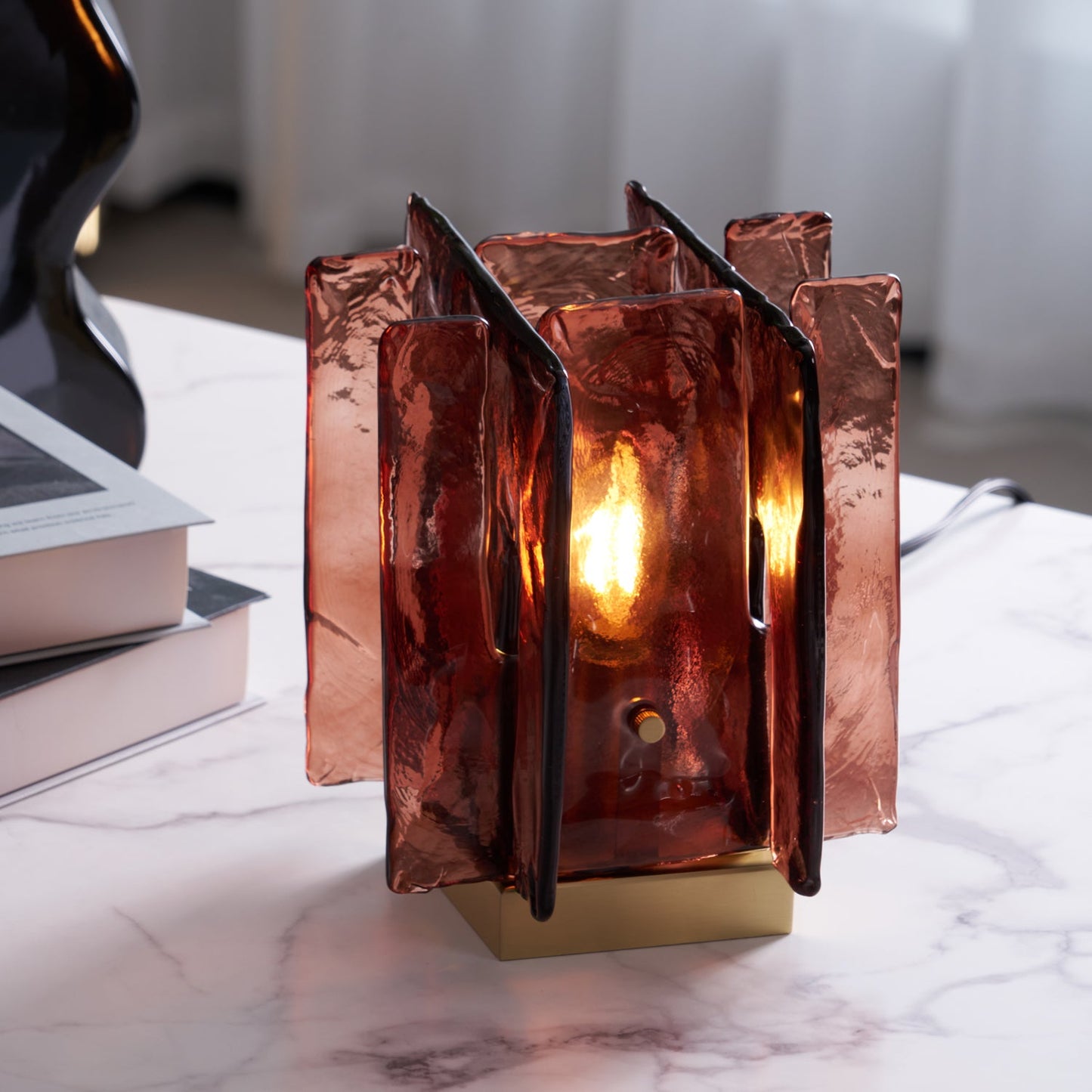 Amber Table Lamp | Brushed Brass & Amber Glass | Modern Design