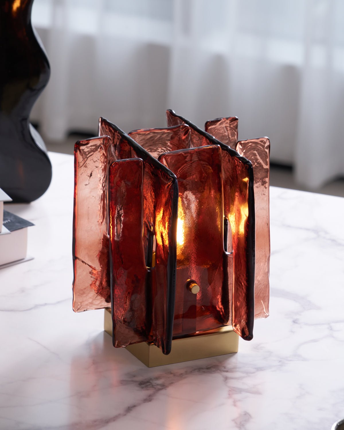 Amber Table Lamp | Brushed Brass & Amber Glass | Modern Design