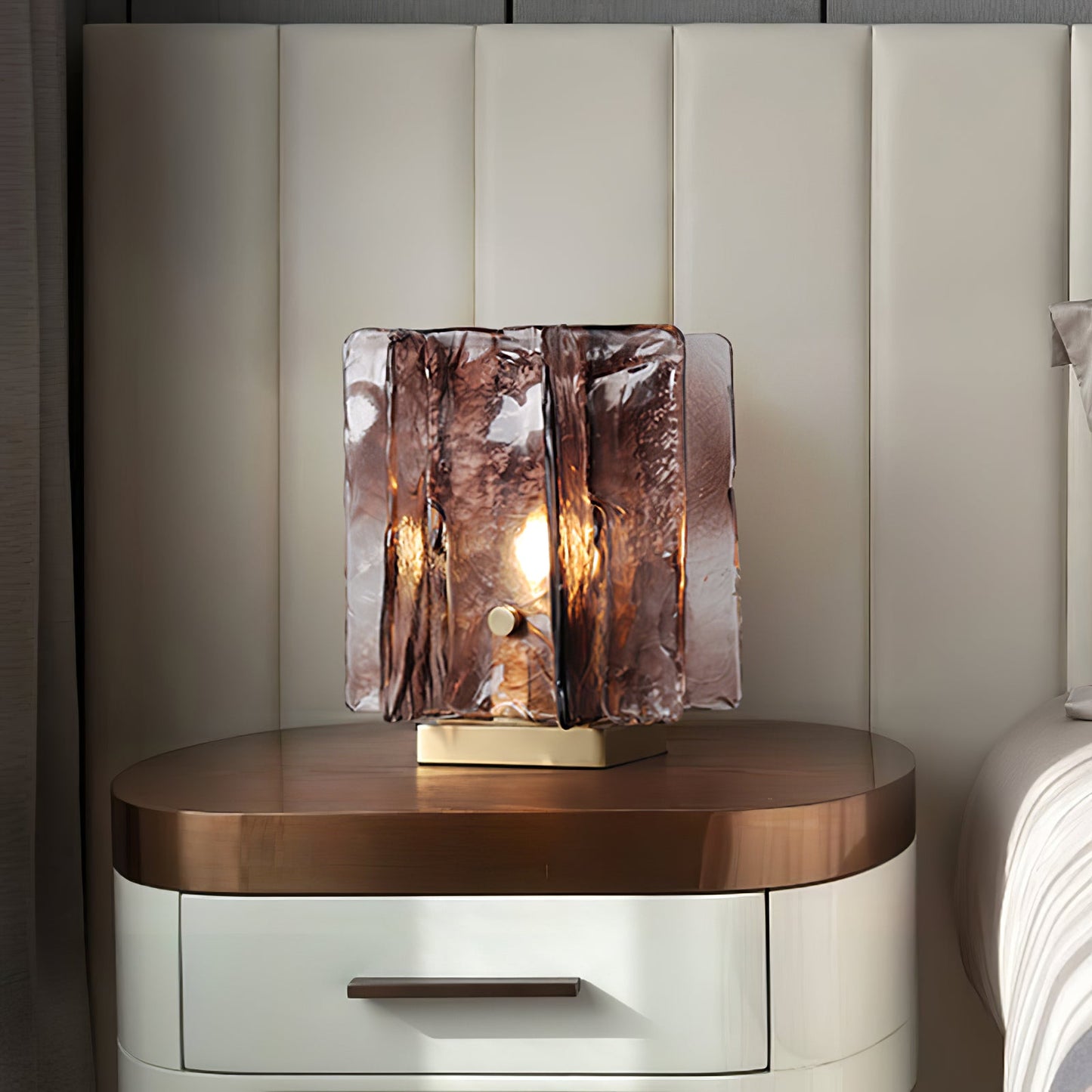 Amber Table Lamp | Brushed Brass & Amber Glass | Modern Design