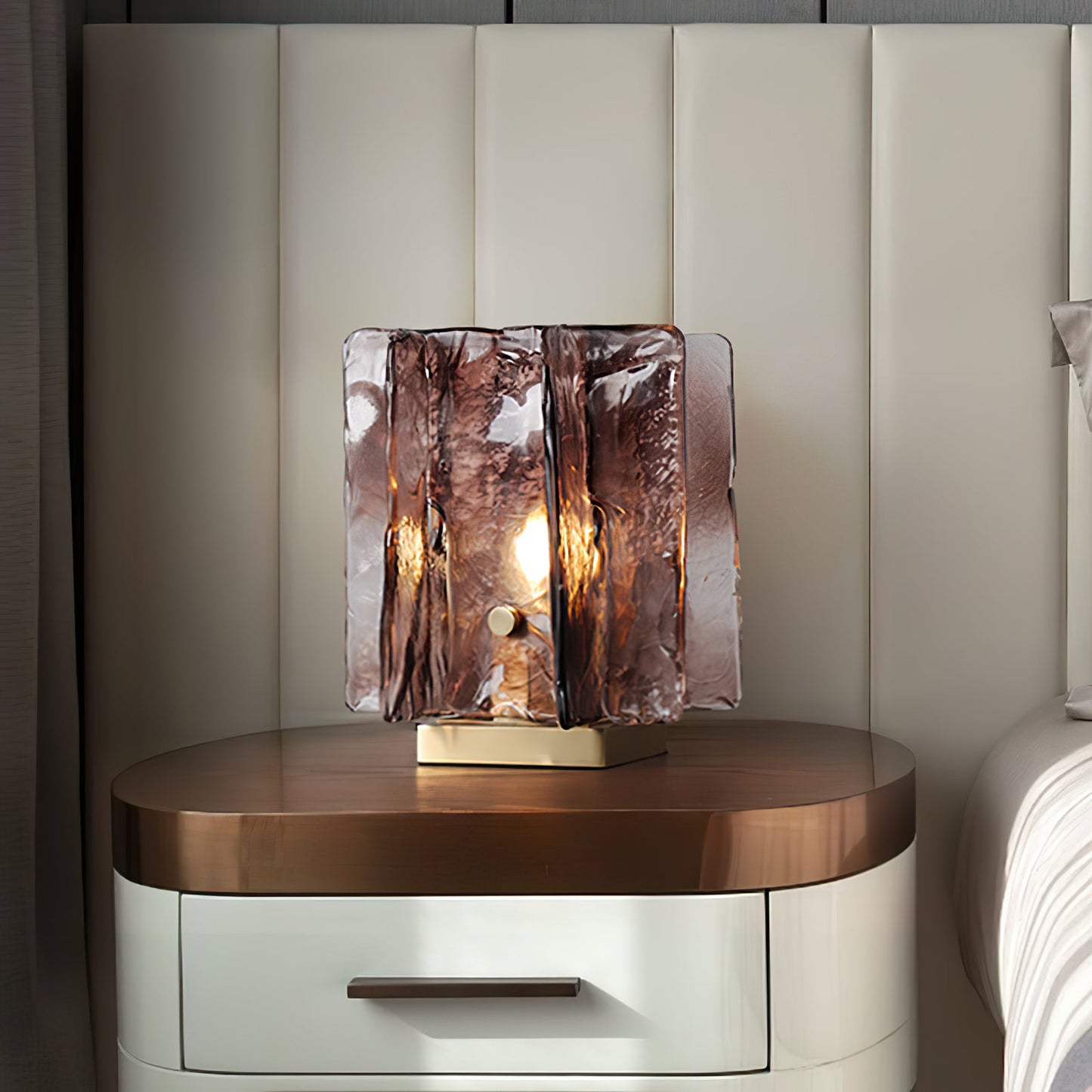 Amber Table Lamp | Brushed Brass & Amber Glass | Modern Design
