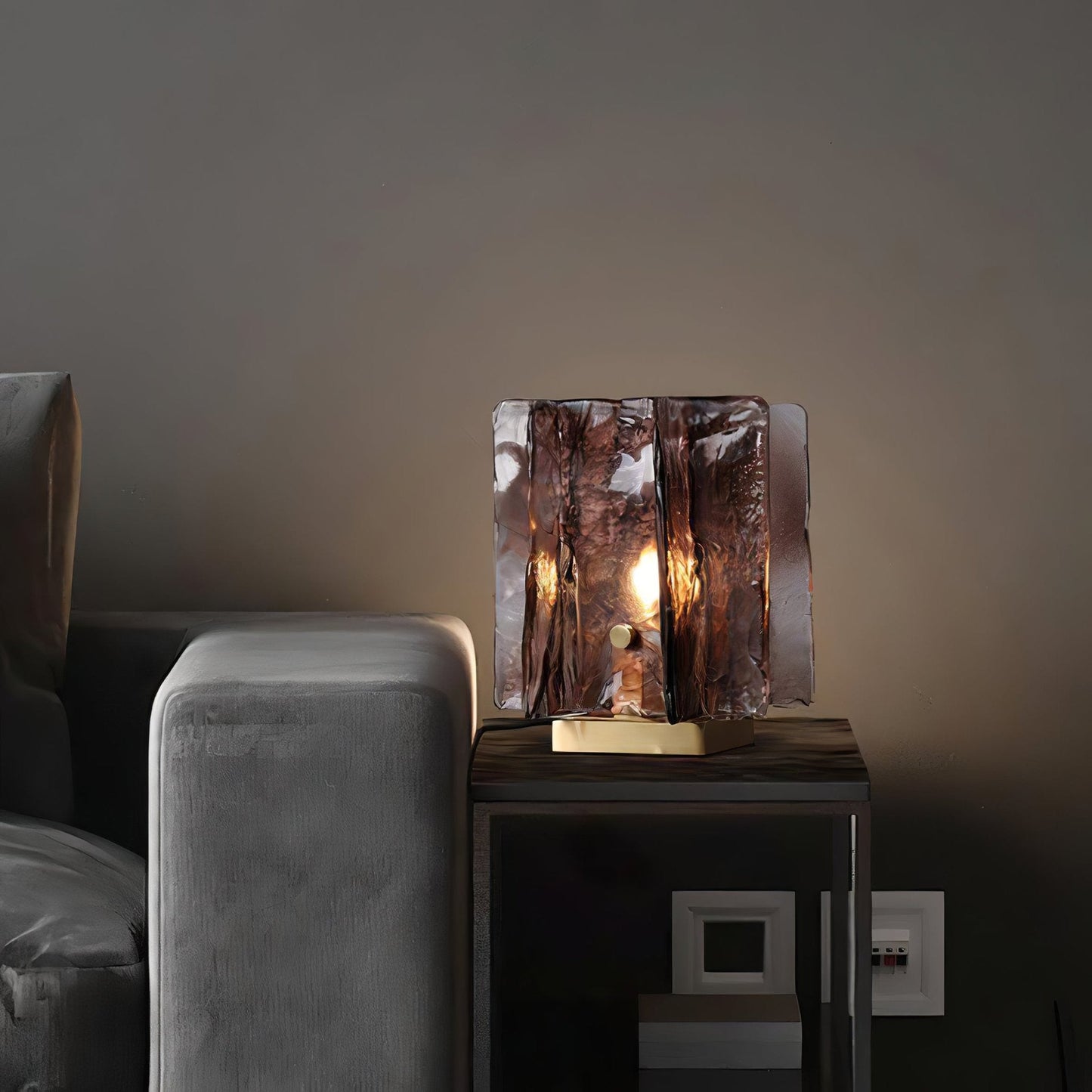 Amber Table Lamp | Brushed Brass & Amber Glass | Modern Design
