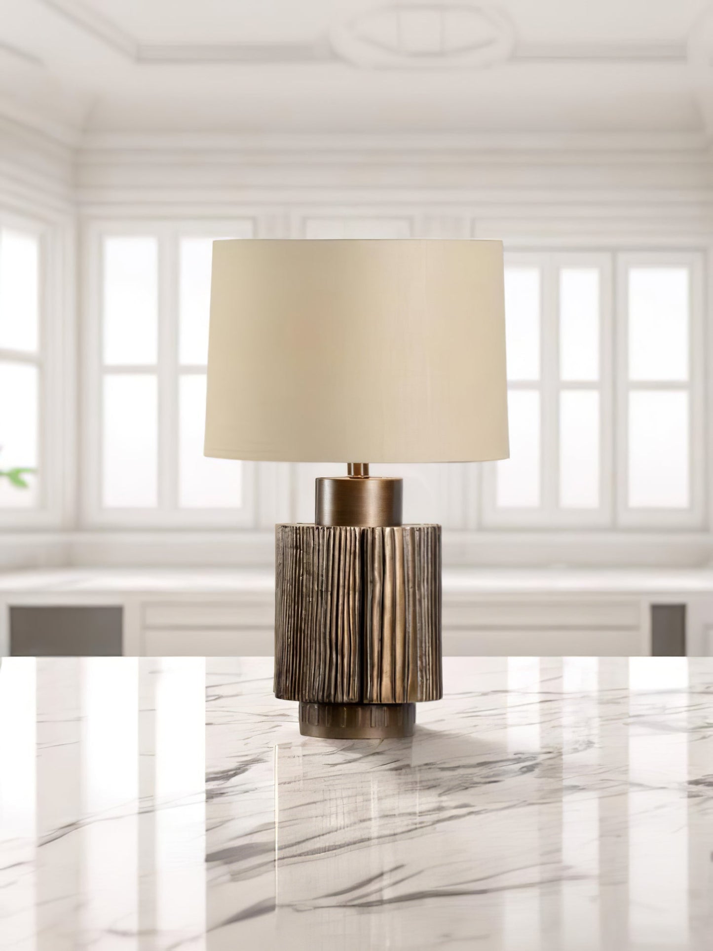 Antique Table Lamp | Bronze Base | Beige Shade