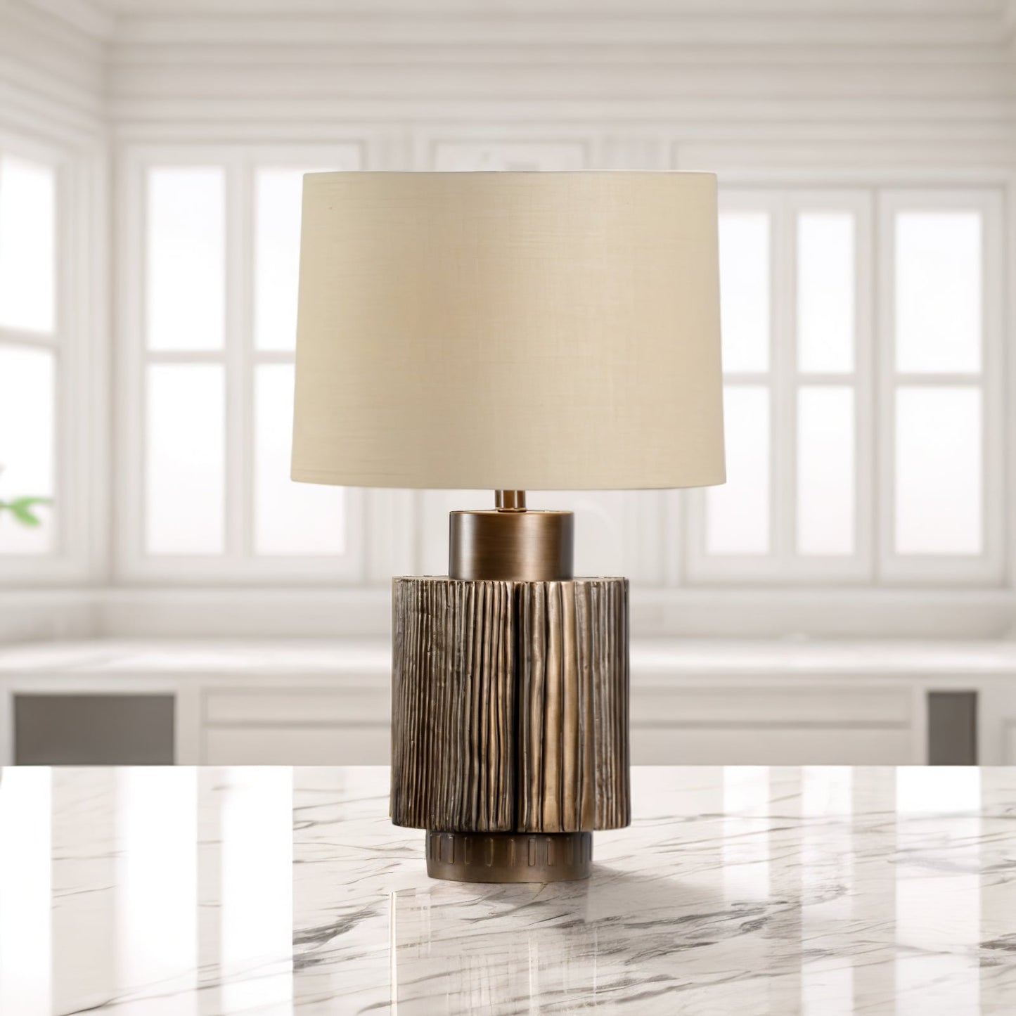 Antique Table Lamp | Bronze Base | Beige Shade